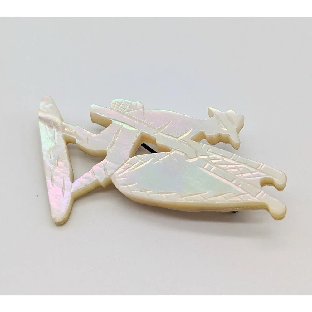 Vintage Asian Man Fisherman Carved Mother of Pearl Shell Brooch Pin C Clasp